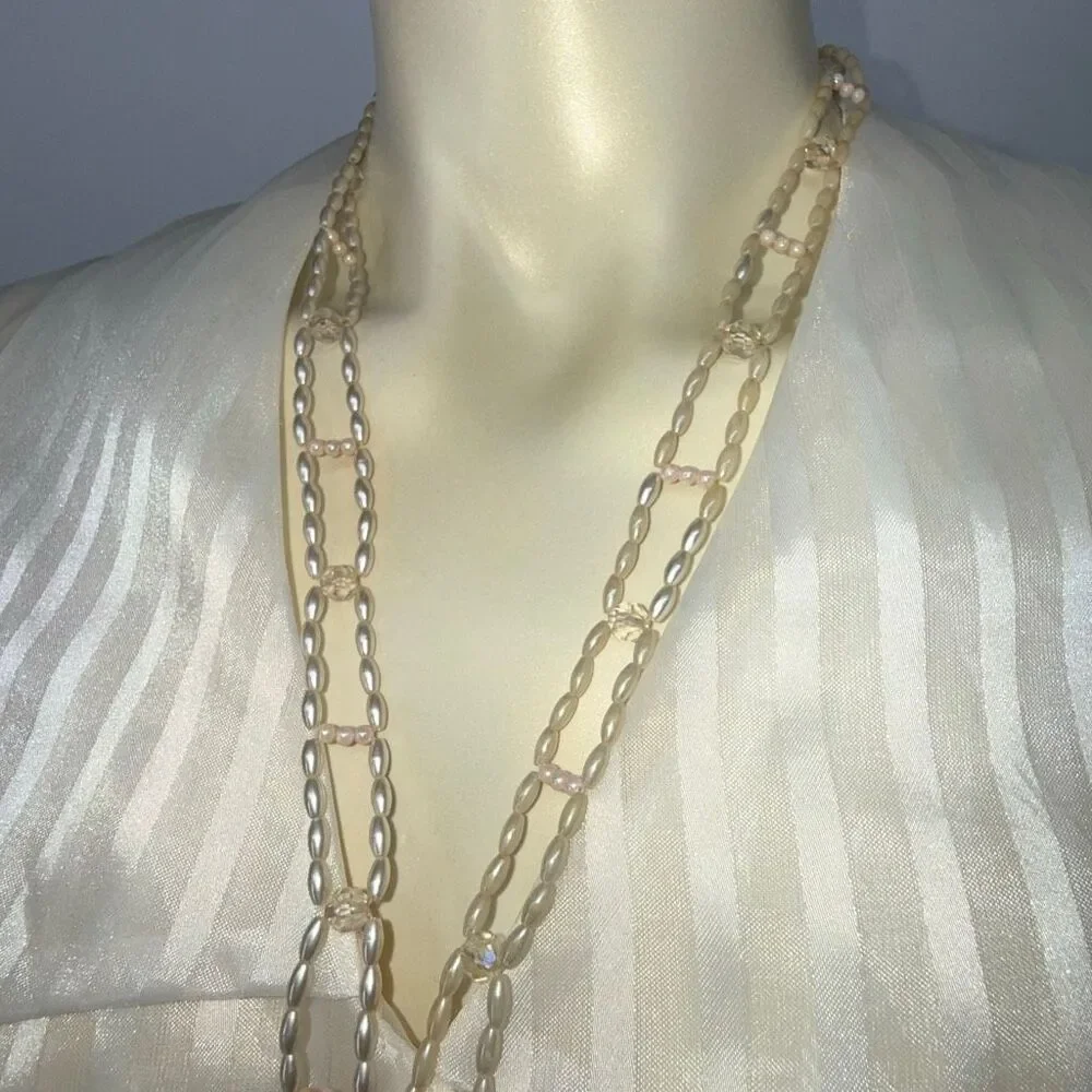 Vintage 1950s Faux Pearl Crystal Tassel Necklace Double Strand Mid Century State